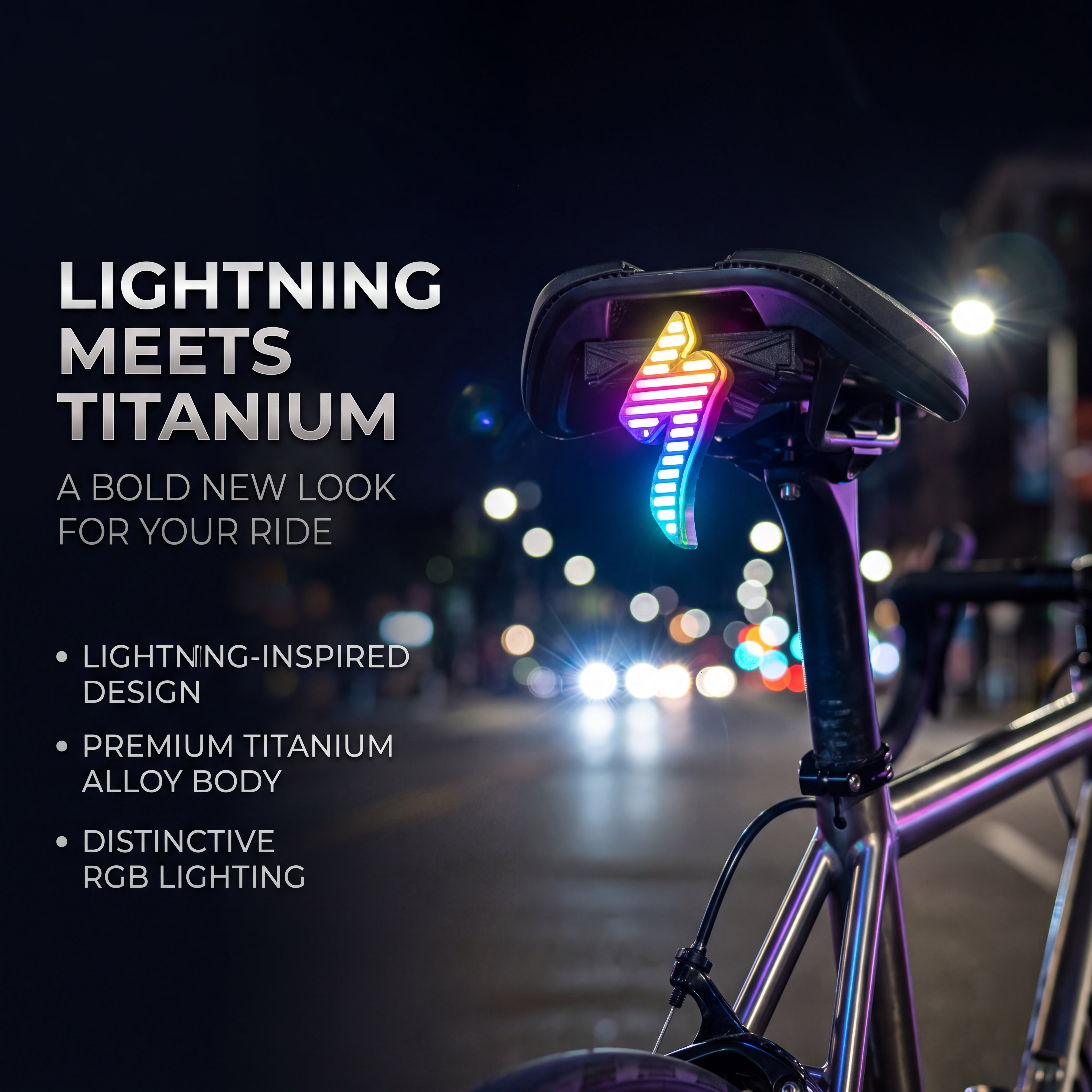ECM All-New Titanium Alloy "Lightning" Tail Light – Rechargeable, Ultra-Long Battery Life, Waterproof, Lightweight (for Road Bikes), App-Controlled Color Customization.