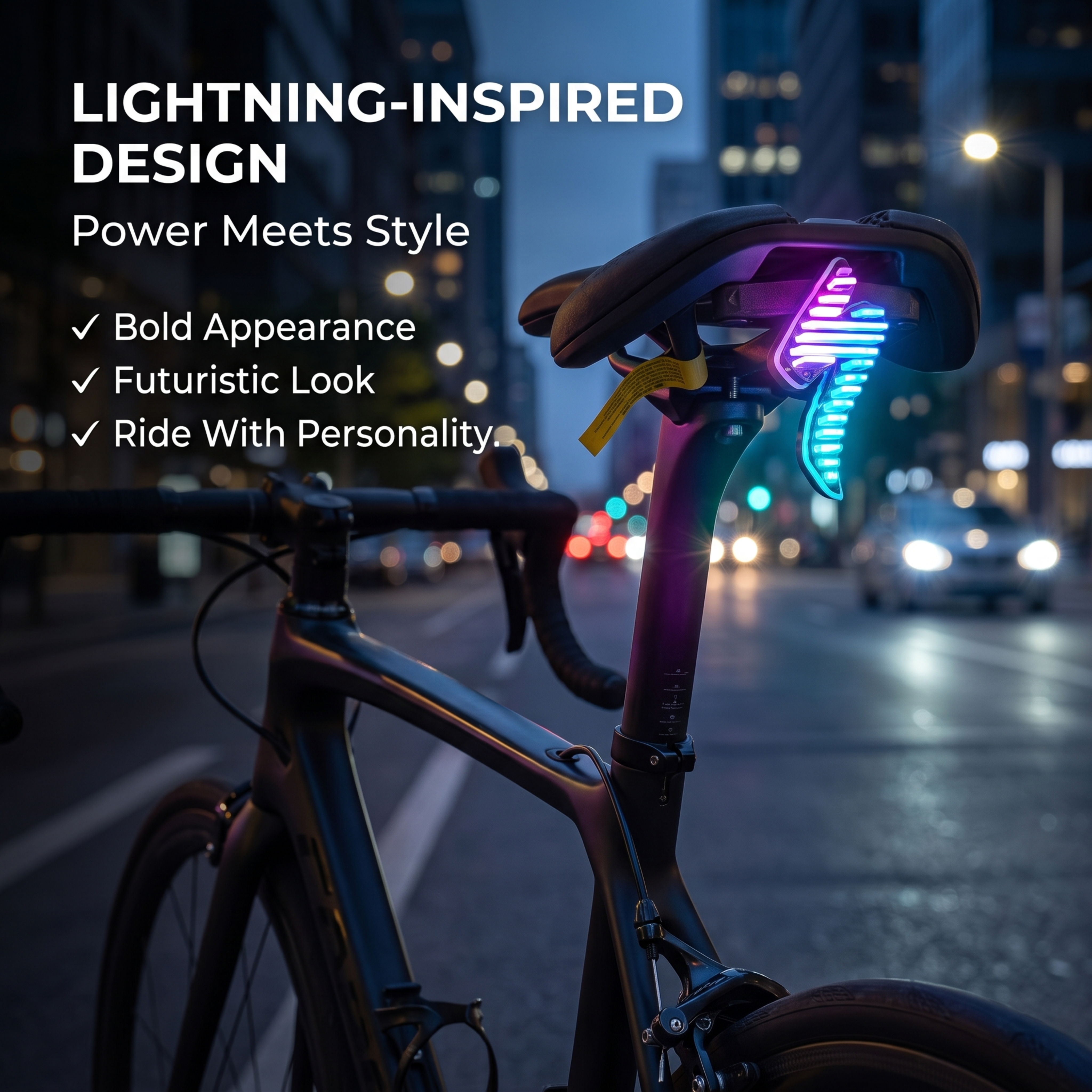 ECM New Road Bike Tail Light: Sleek "Lightning" Design, Rechargeable, Long Battery Life, Waterproof, and App-Controlled Color/Lighting Modes.