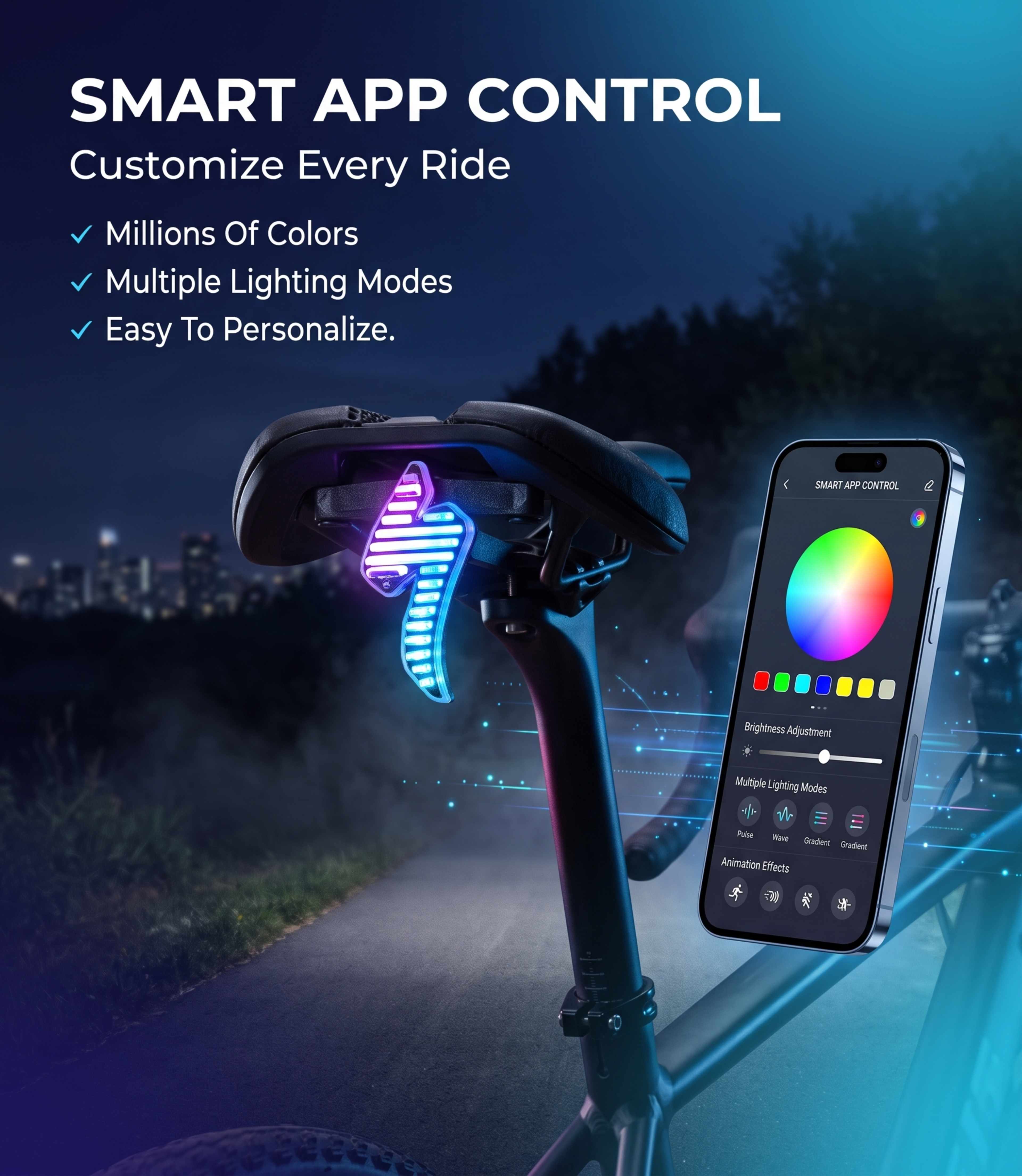 ECM New Road Bike Tail Light: Sleek "Lightning" Design, Rechargeable, Long Battery Life, Waterproof, and App-Controlled Color/Lighting Modes.