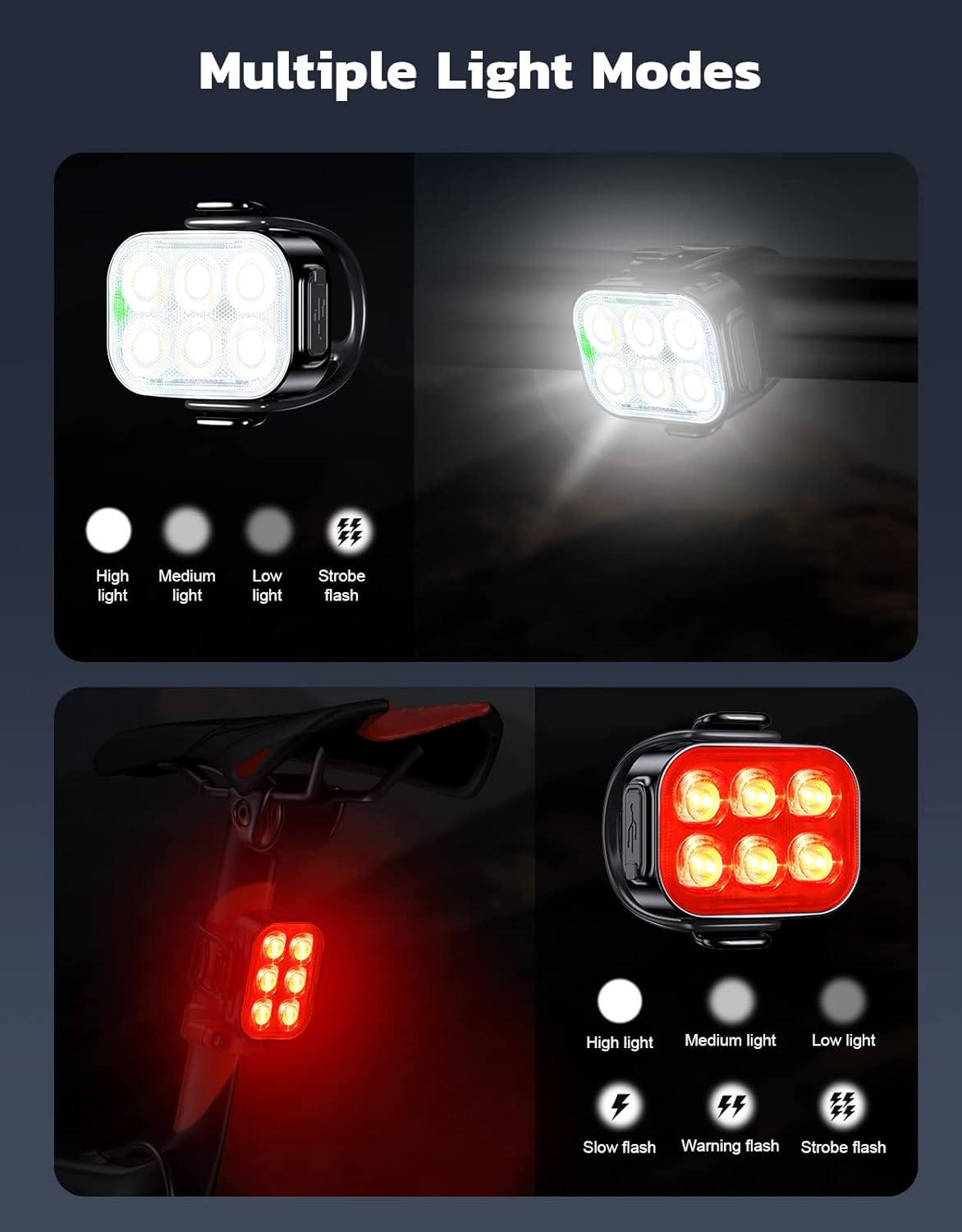 ECM Bicycle Front and Tail Light Set USB Rechargeable Front and Rear Bike Lights Waterproof IP65 Multiple Modes Easy to Install