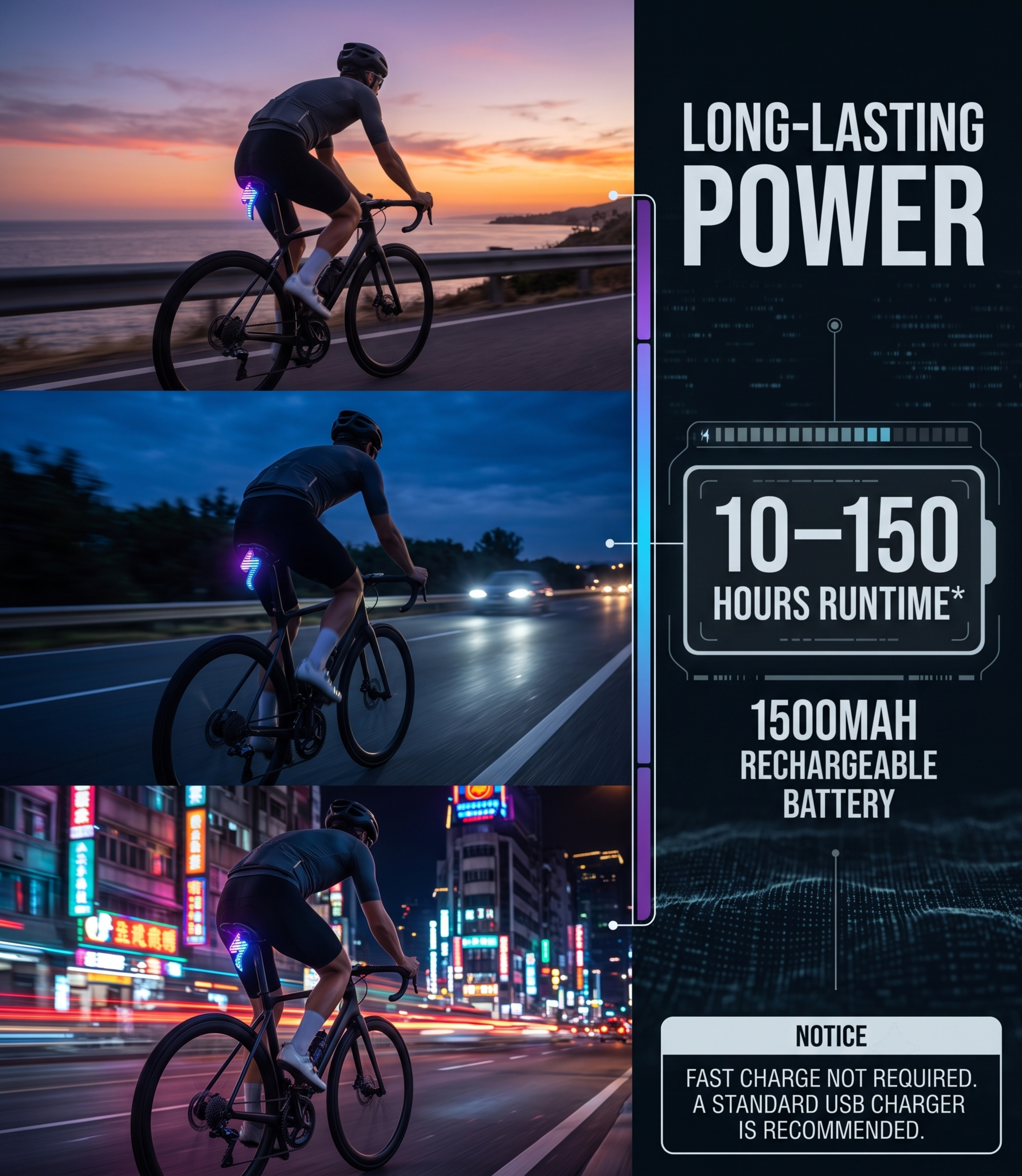 ECM New Road Bike Tail Light: Sleek "Lightning" Design, Rechargeable, Long Battery Life, Waterproof, and App-Controlled Color/Lighting Modes.