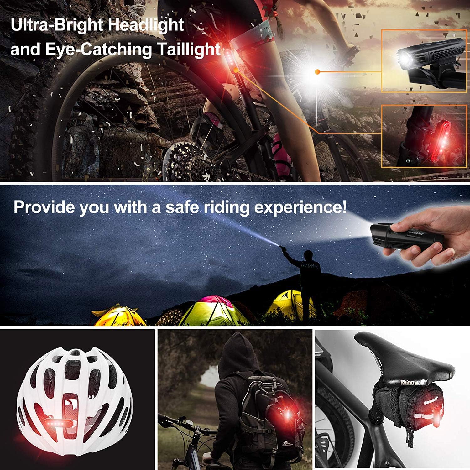 ECM Bike Light Set, Powerful Bicycle Front and Tail Light, Super Bright USB Rechargeable, 4 Light Modes, Easy to Install, Suitable for Road Mountain Bikes